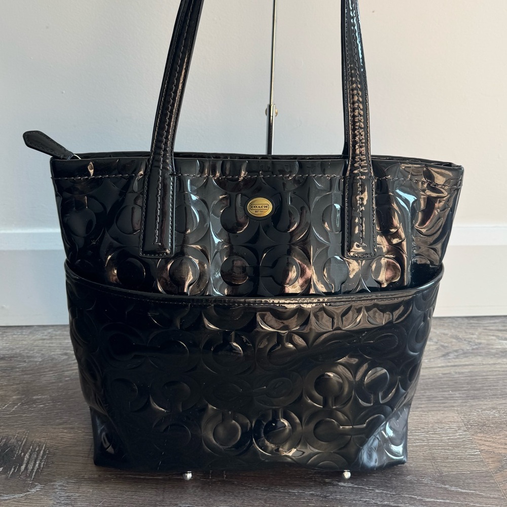 Coach Patent Leather Black Shoulder Tote Bag with Gold Hardware